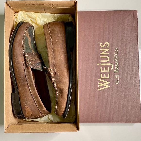 G.H. Bass Brown Leather & Camo Weejuns Penny Loafers Men's 8.5 D Shoes - Picture 15 of 16